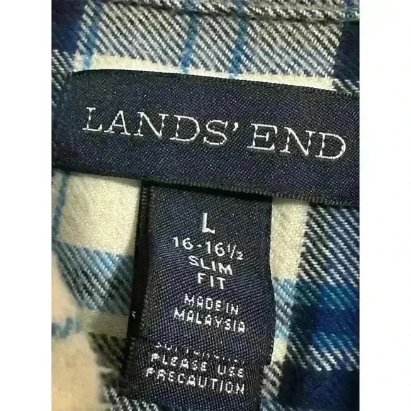 Lands' End Slim Fit Flannel Mens L Blue Plaid Button-Up Shirt Long Sleeve - Picture 3 of 6
